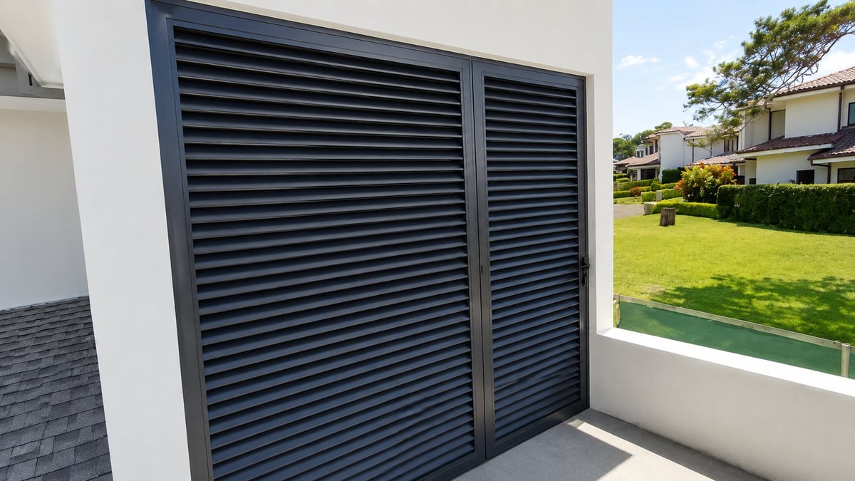 Modern black louvered exterior doors on a white wall next to a window with suburban garden view