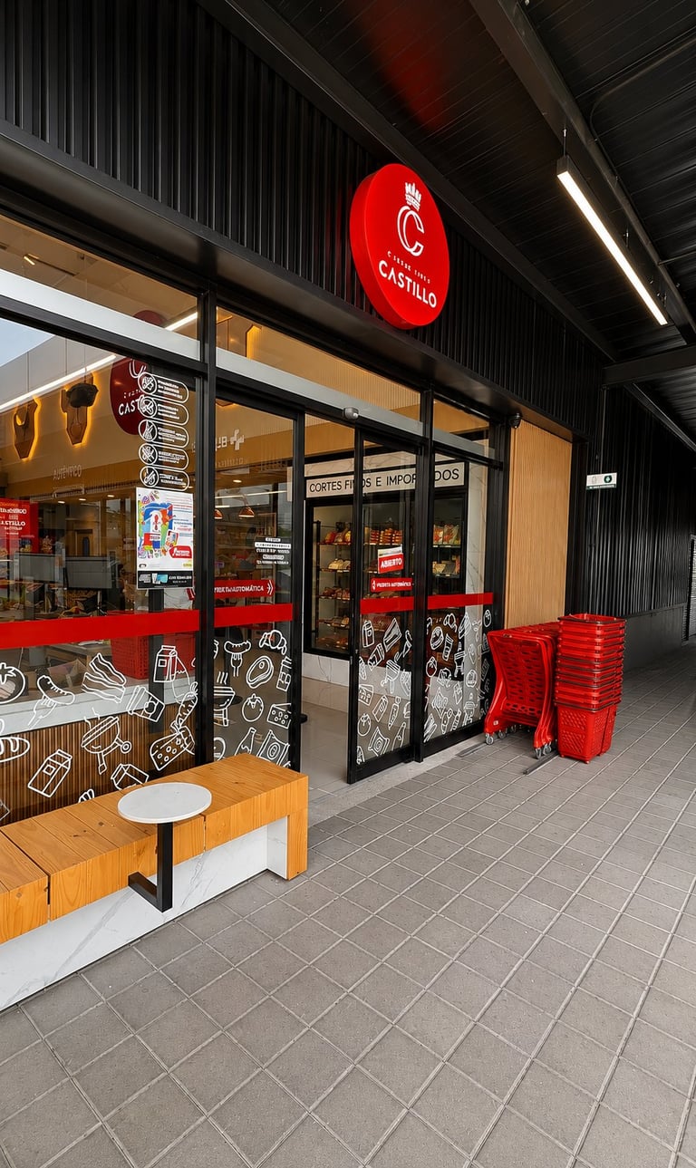 Red circular neon sign for Castillo restaurant storefront with glass doors, wooden seating area, and red plastic baskets outside