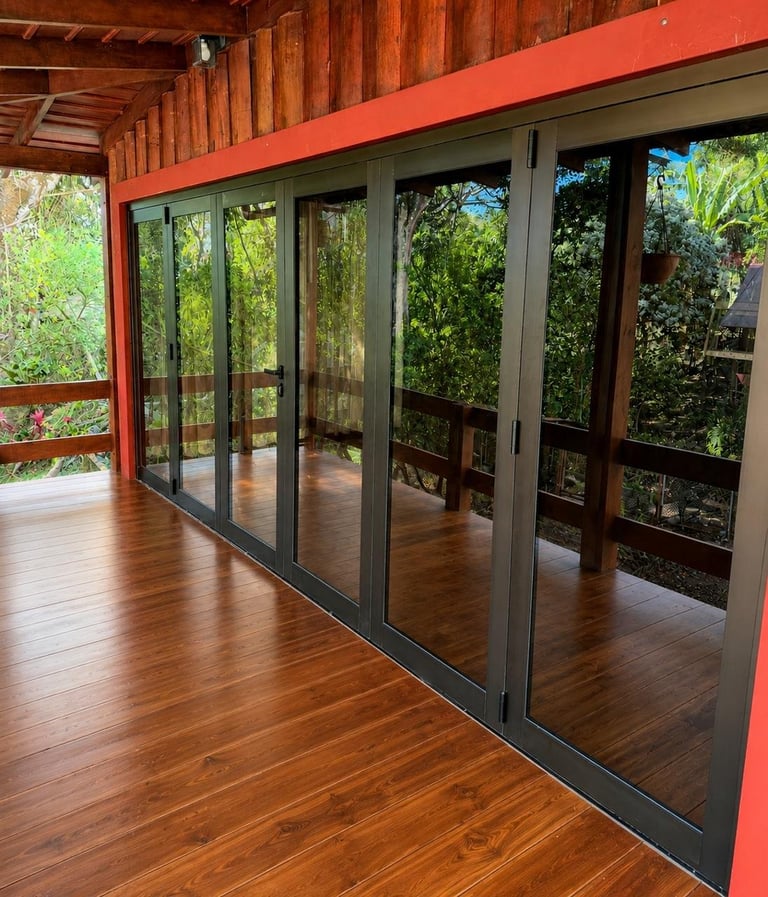 Puertas corredizas de vidrio con marco oscuro hacia deck de madera