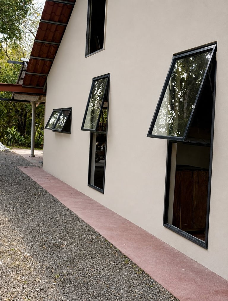 Modern white-walled building exterior with black-framed windows and wooden roof, situated along a gravel pathway with pink concrete trim