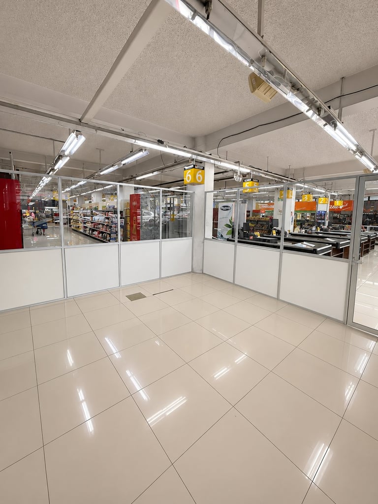 Empty retail store interior with white tiled floor, fluorescent lighting, glass partition walls, and storefronts visible in background