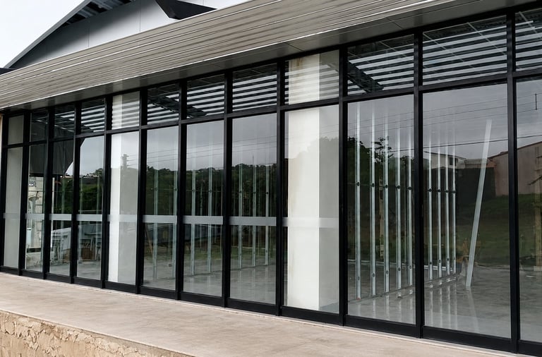 Modern residential building facade with large black-framed glass doors and windows overlooking a terrace
