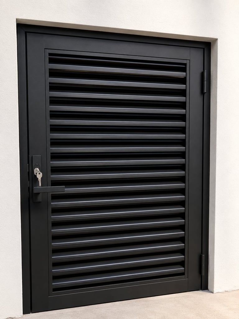 Black louvered door with horizontal slats and keyhole lock mounted in white wall frame