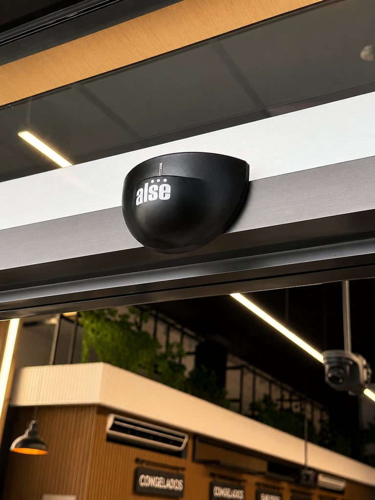 Black security camera mounted under a striped black and white awning on a storefront exterior at night
