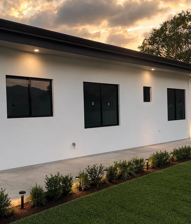 Casa blanca moderna con ventanas de marco negro