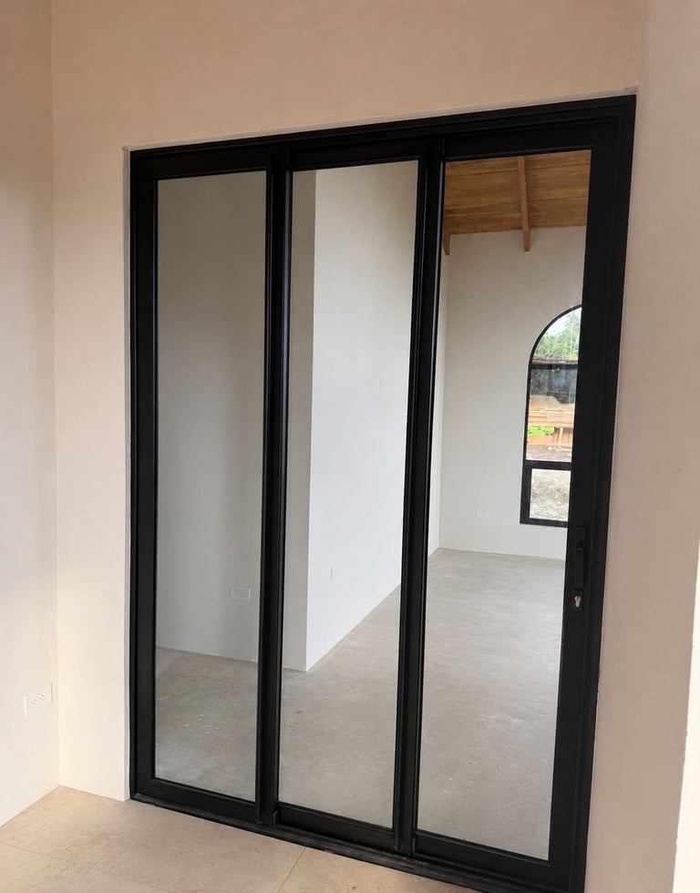 Black-framed tri-panel glass sliding doors in a modern interior room, revealing adjacent spaces