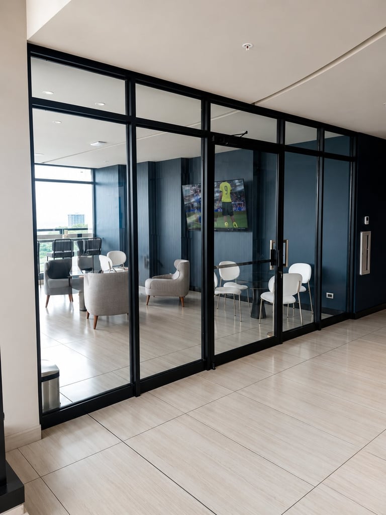 Modern office space with black-framed glass partition doors and walls