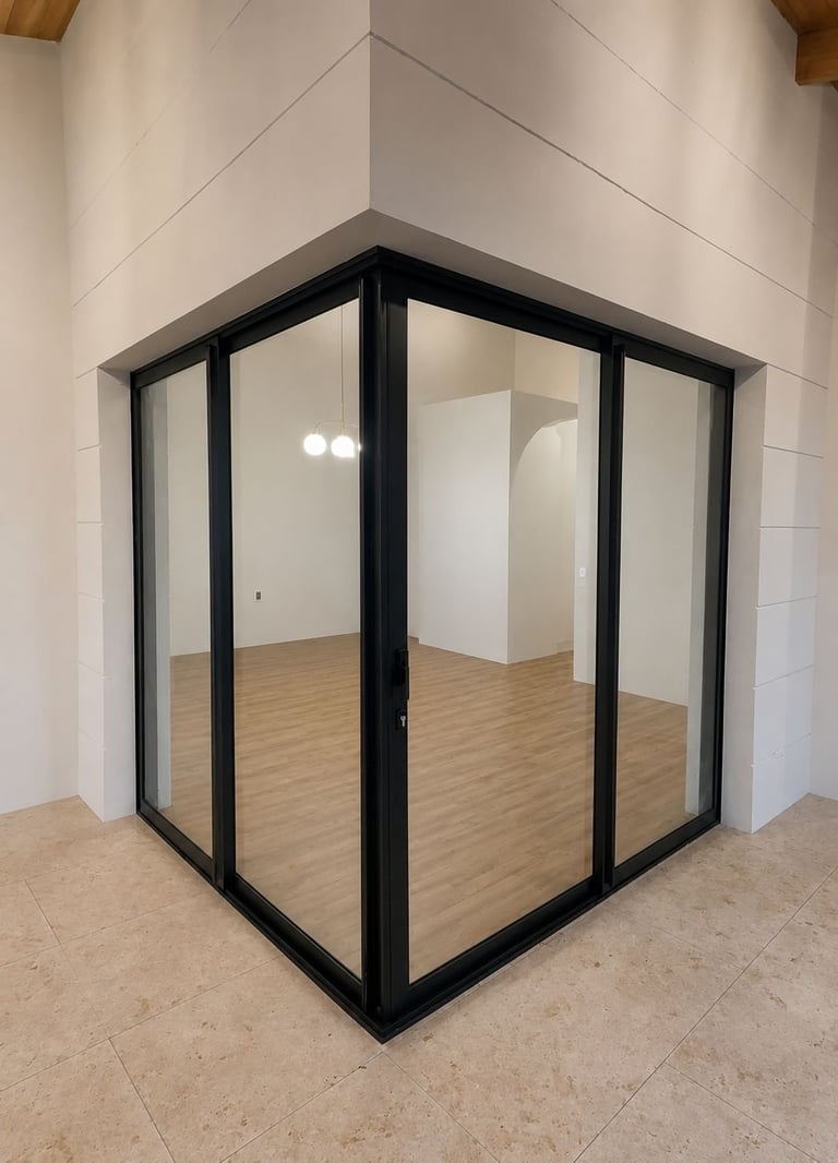 Cerramiento de vidrio moderno con marco negro y piso de madera