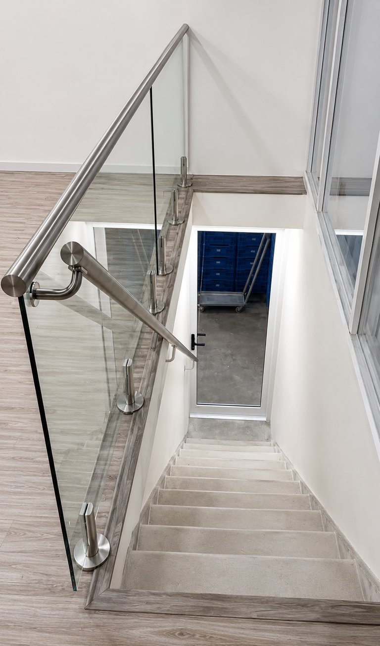 Modern staircase with glass panels and stainless steel handrails descending into a basement room