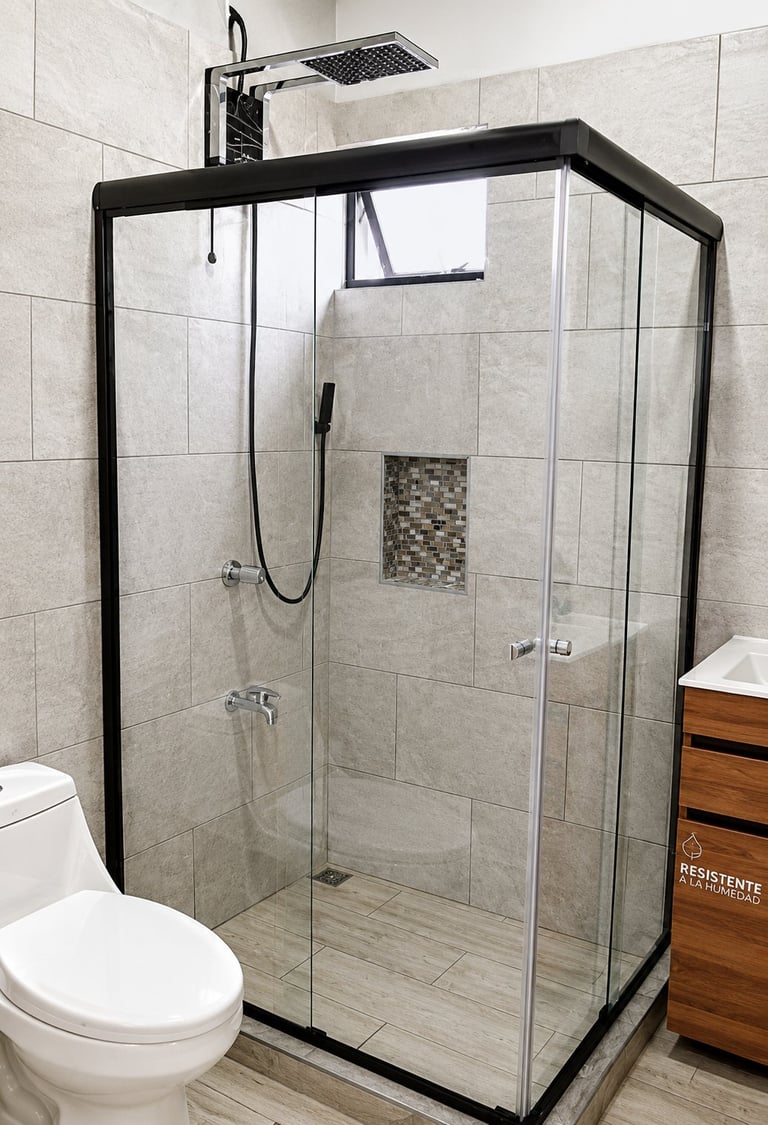 Modern bathroom shower enclosure with black metal frame, glass doors, rainfall showerhead, and light gray tile walls