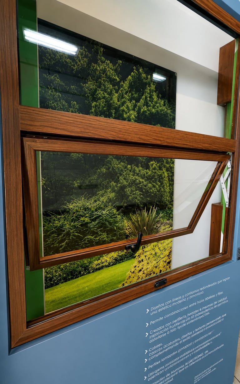 Wooden-framed window display showing a modern casement window with views of green trees and lawn, mounted on blue wall with information panel below