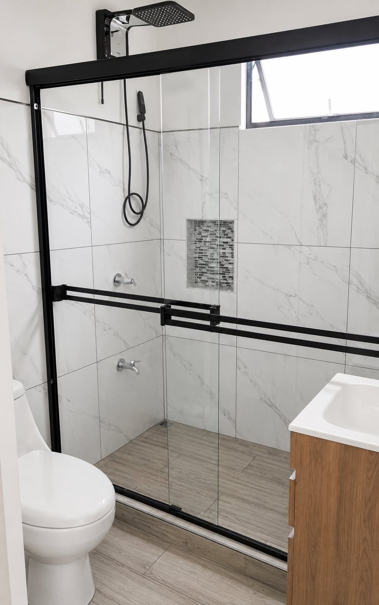 Modern bathroom with black-framed glass shower enclosure, marble tile walls, rainfall showerhead, and wooden vanity with white sink