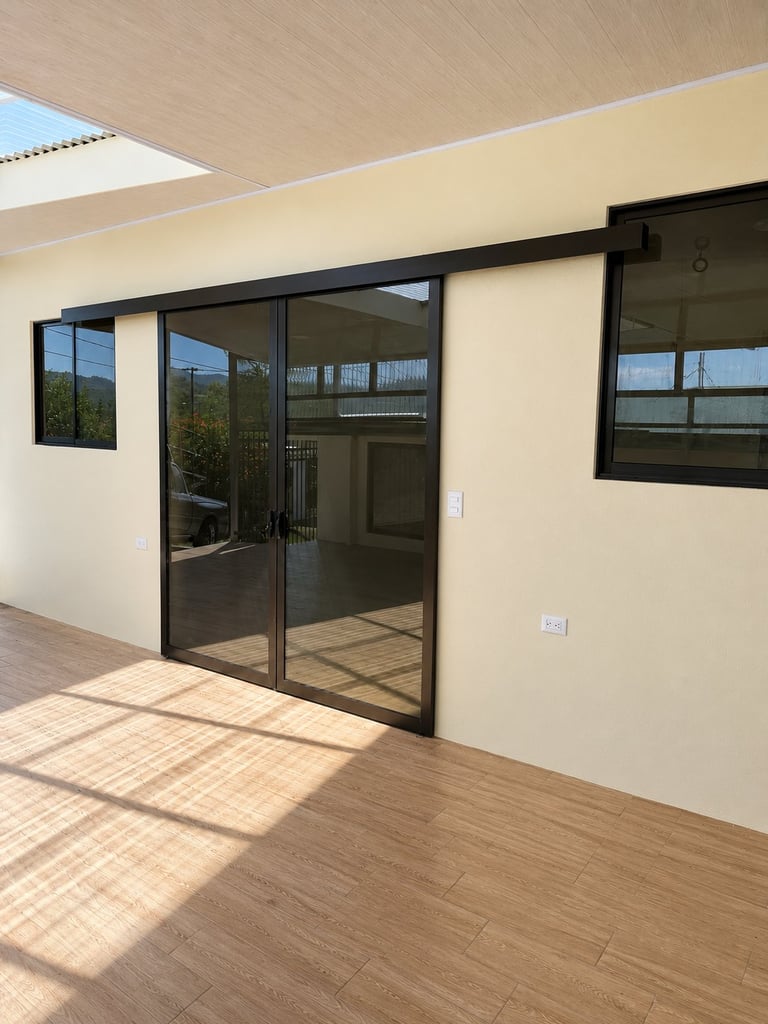 Modern patio room with black-framed glass sliding doors, cream-colored walls, wooden floor, and skylights overhead