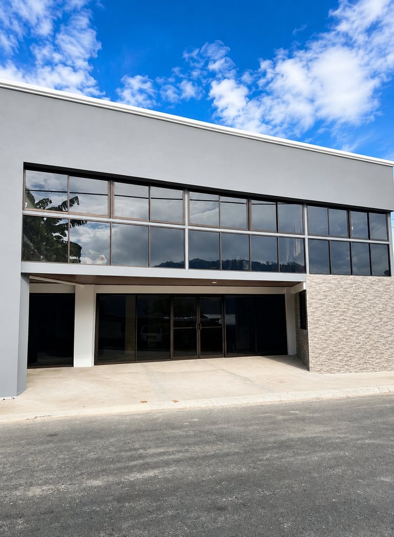 Modern commercial building with large glass windows, open garage bay, and light colored facade under blue sky