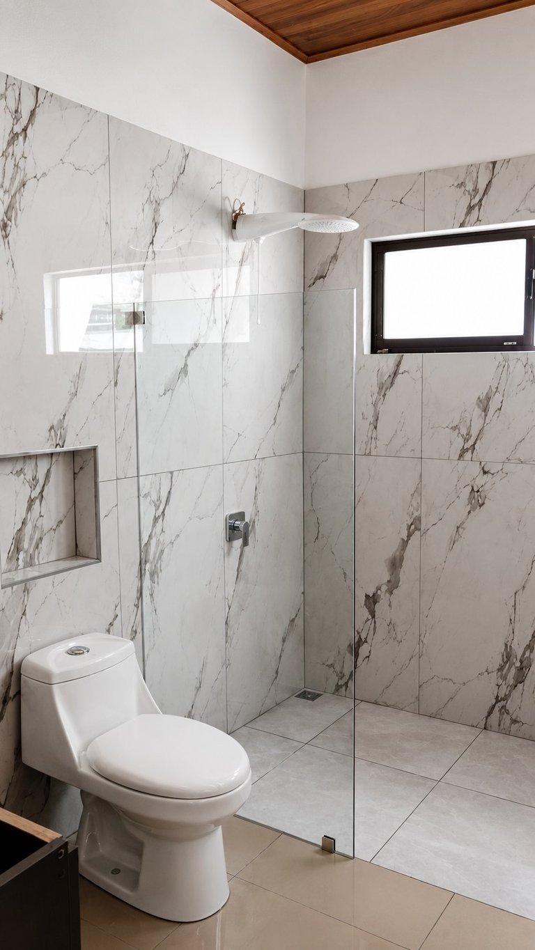 Modern bathroom with white marble tile walls, glass shower enclosure, white toilet, rectangular window, and wooden ceiling