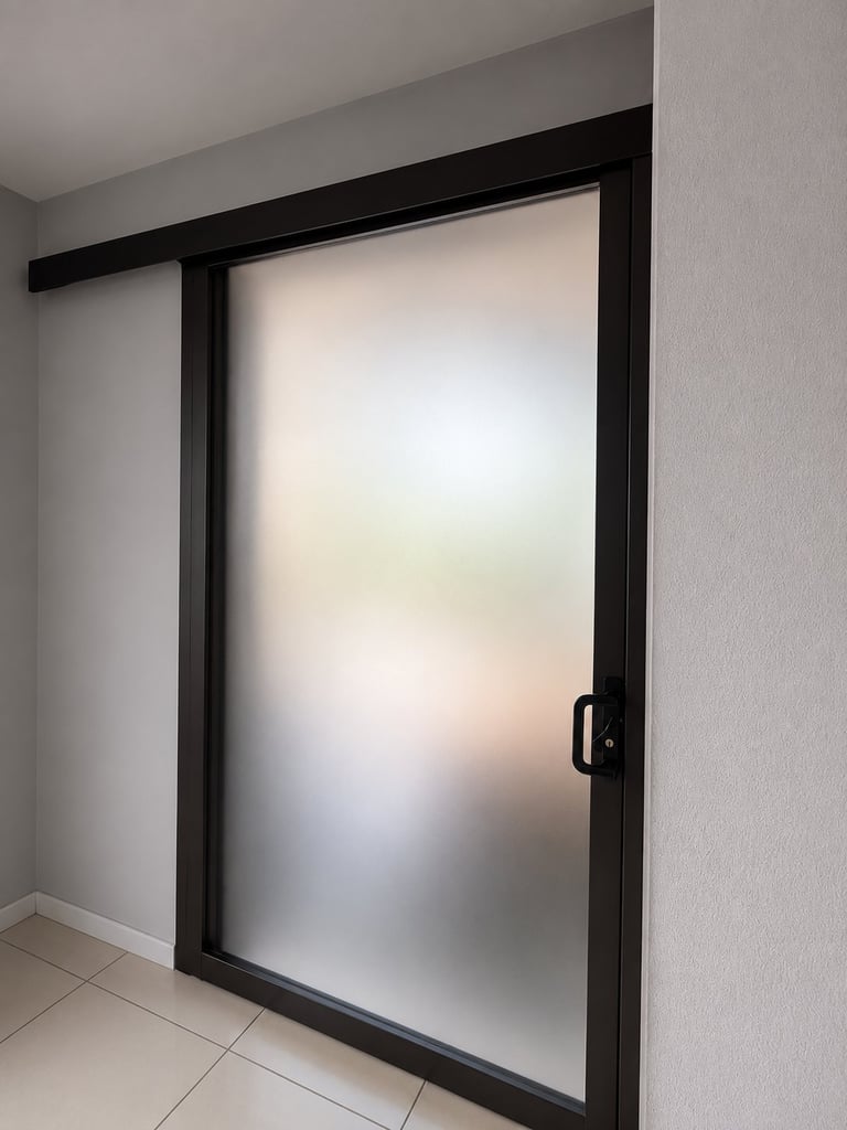 Sliding glass door with frosted panels and black aluminum frame installed in a light interior room