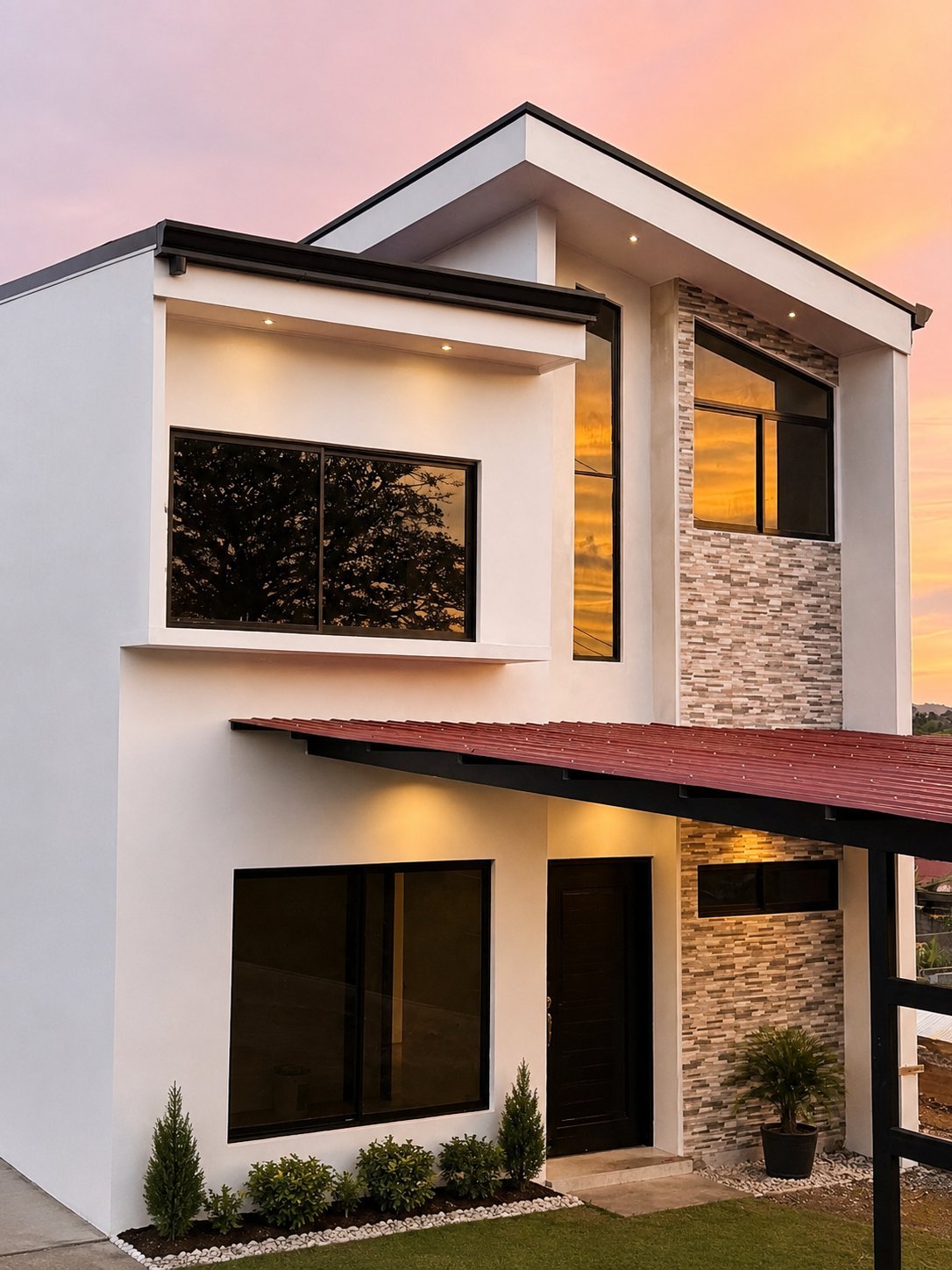 Modern white and brick two-story house with dark windows and wooden canopy at dusk, landscaped front yard visible