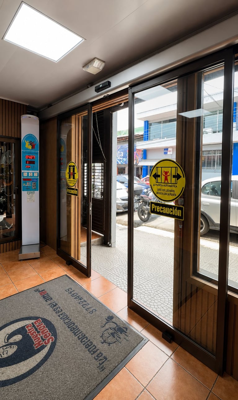 Interior of a commercial auto repair shop entrance with glass doors, yellow caution signs, and a gray welcome mat