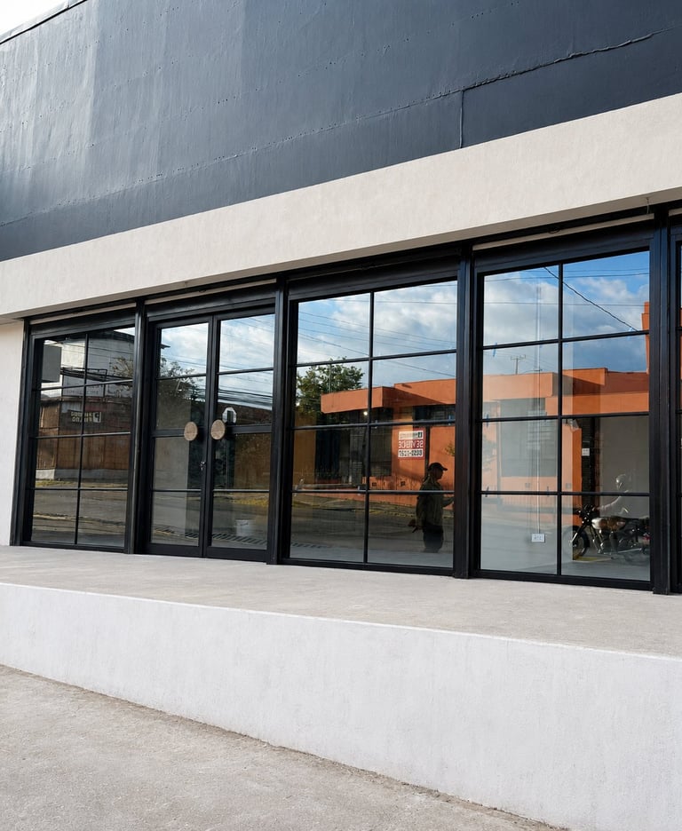 Modern storefront with black-framed glass doors and windows on white concrete facade
