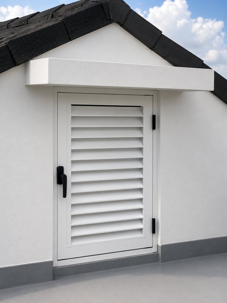 White shed with louvered door, dark roof with overhang, and gray concrete base against blue sky