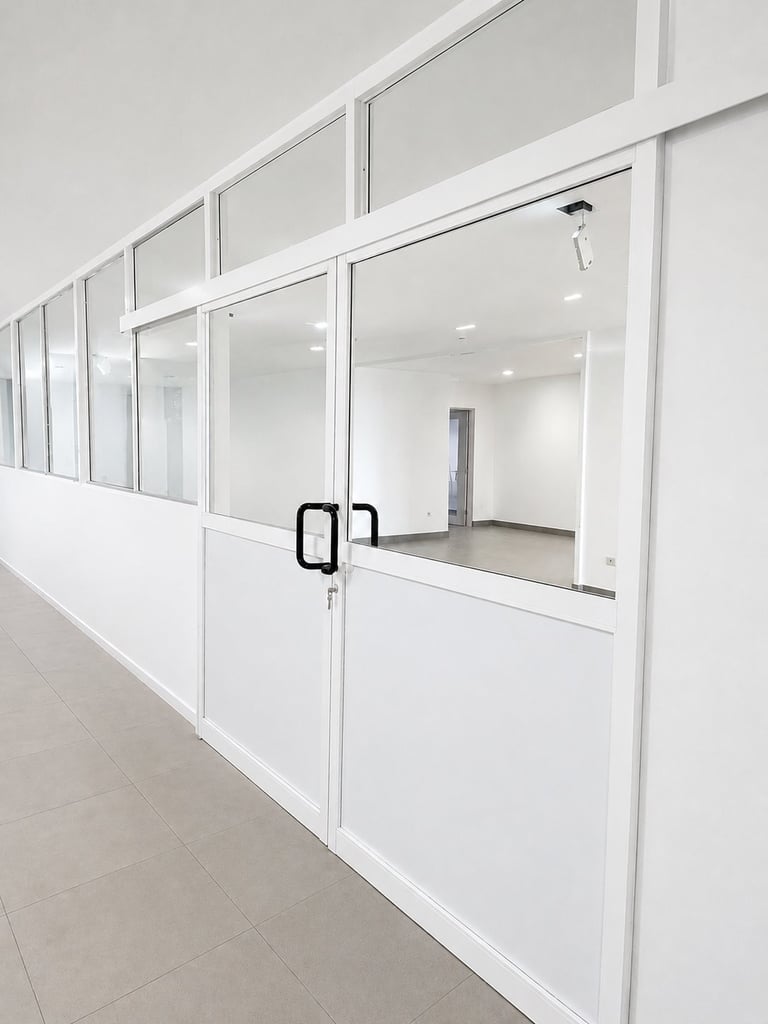 Modern white glass partition wall with double doors in a bright, minimalist interior space with tiled flooring