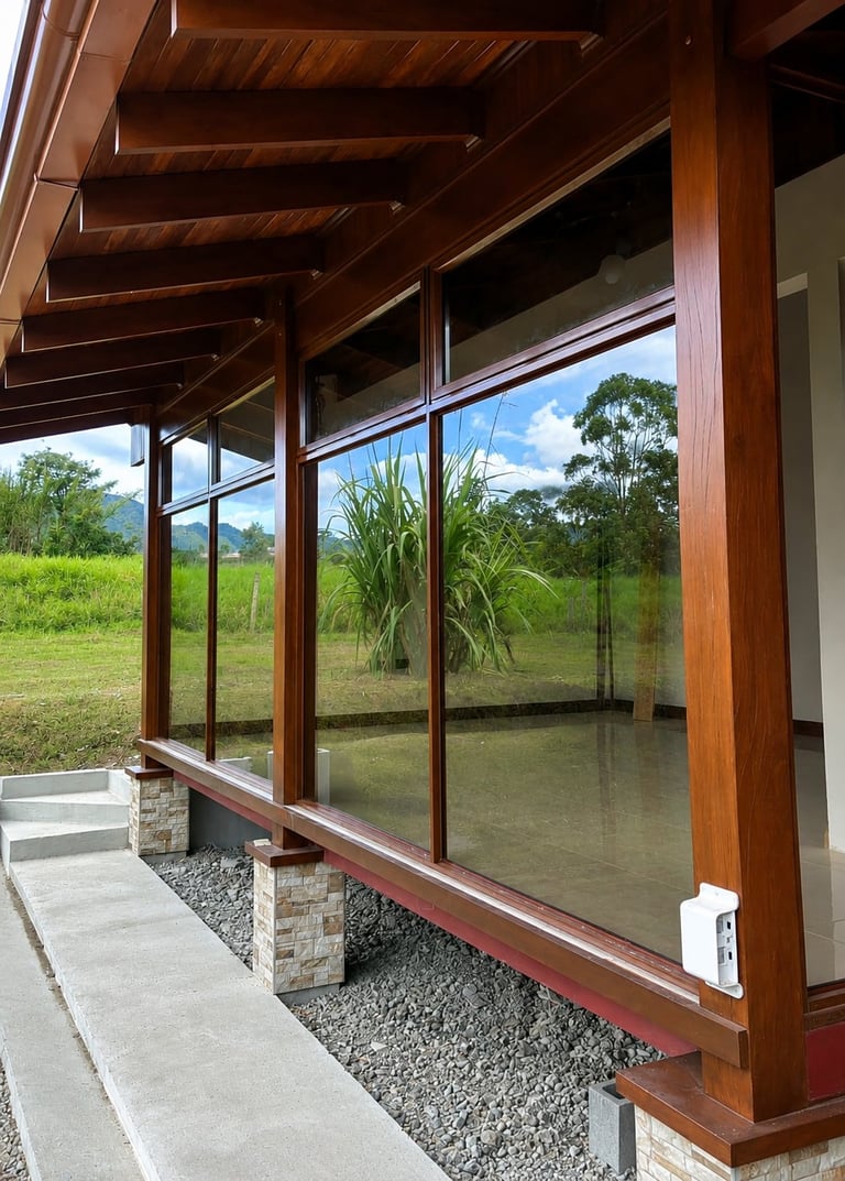 Modern timber pergola with floor-to-ceiling glass panels overlooking green fields and trees