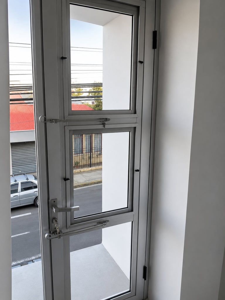 Gray metal door with glass panes opening to a street view with parked car and red corrugated roof building