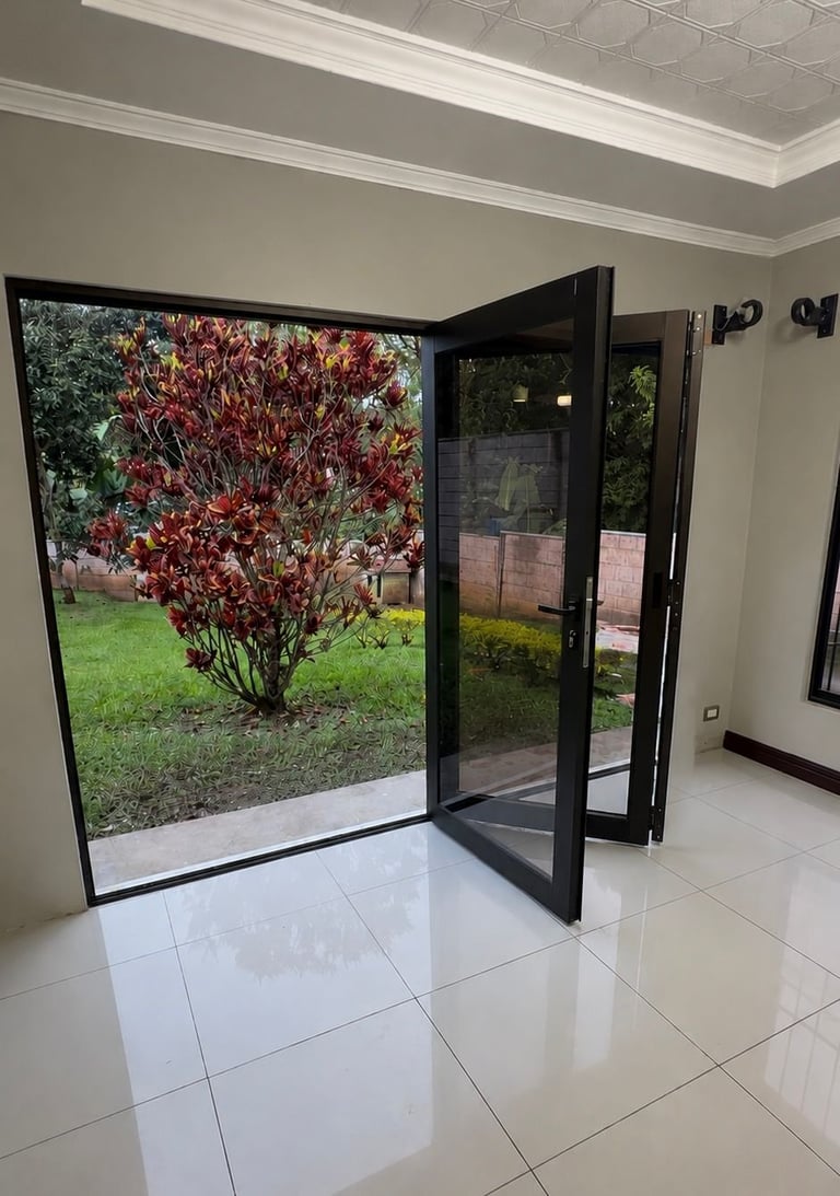 Puertas de vidrio abatibles negras con jardín de flores rojas