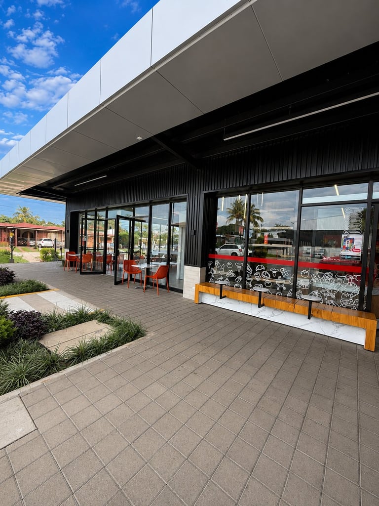 Modern storefront with black corrugated facade, glass doors and windows, covered canopy, paved forecourt with landscaping, and clear blue sky