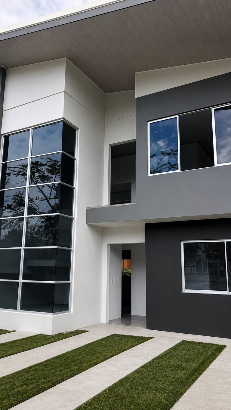 Modern house exterior with white and dark gray facade, large windows, and striped lawn featuring green grass and concrete pavers