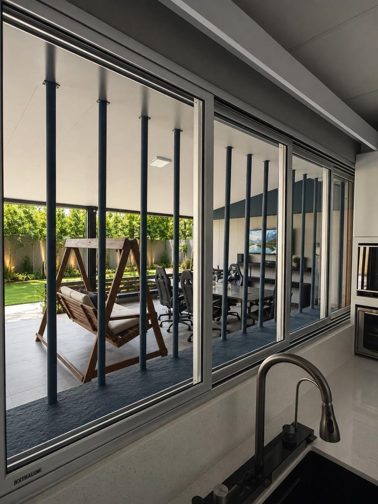 Cocina moderna con puertas corredizas de vidrio y marco negro