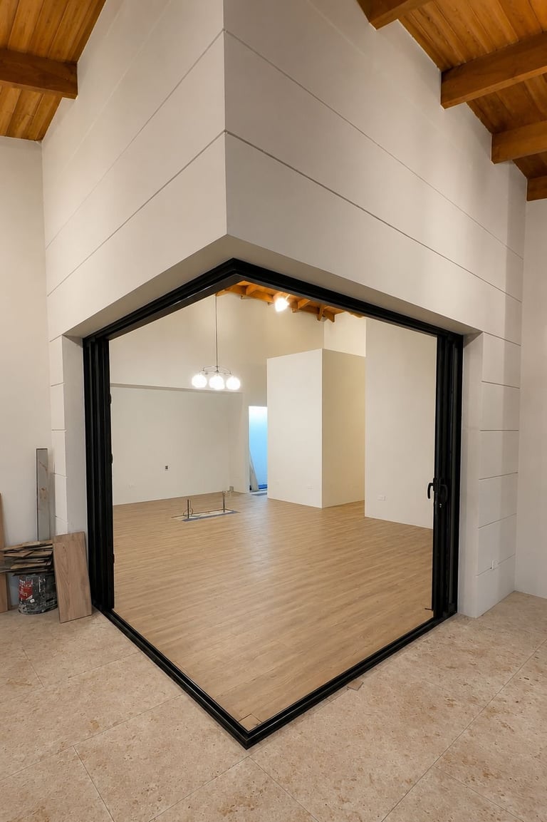 Espacio interior moderno con cuarto de vidrio y vigas de madera