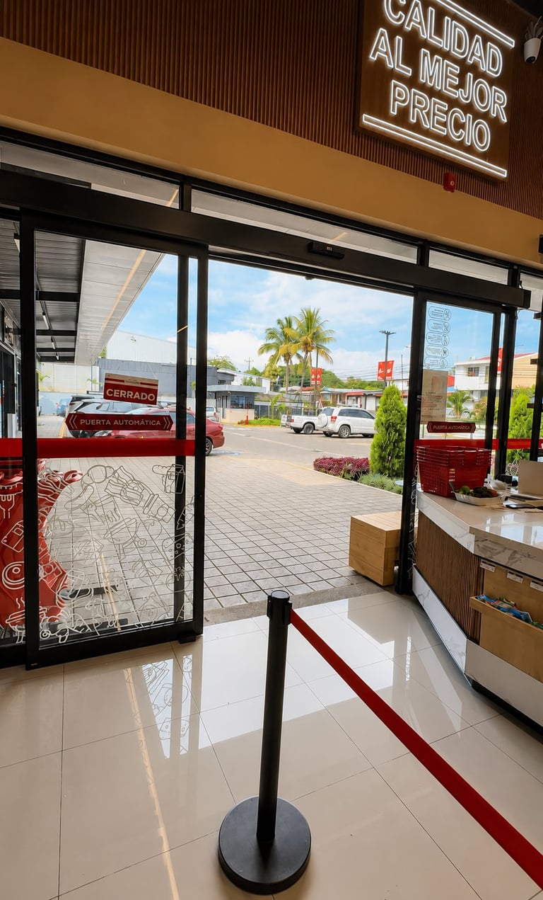 Closed storefront with glass doors and neon sign, queue barrier visible inside, palm trees and parking lot in background