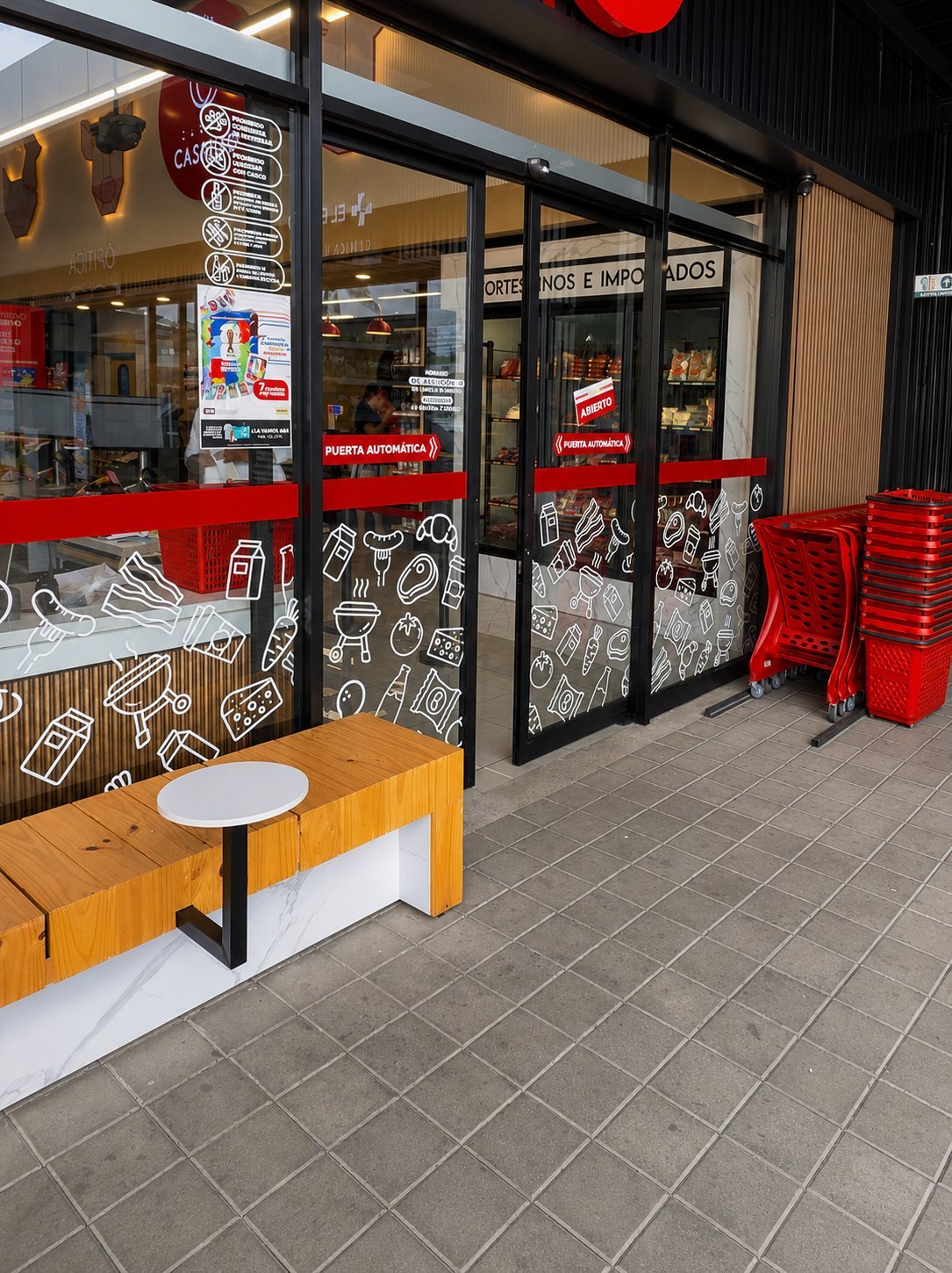 Modern fast food restaurant storefront with red and black exterior, wooden bench seating with white plate on table, and decorative food illustrations on windows